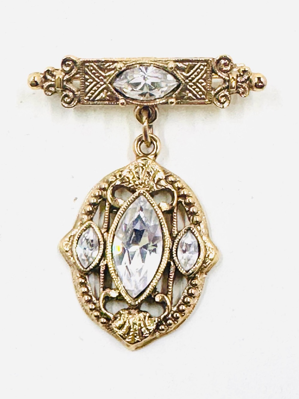 1928 Gold-Tone Filigree Bar Drop Dangle Brooch with Clear Rhinestones 1.5”X2”